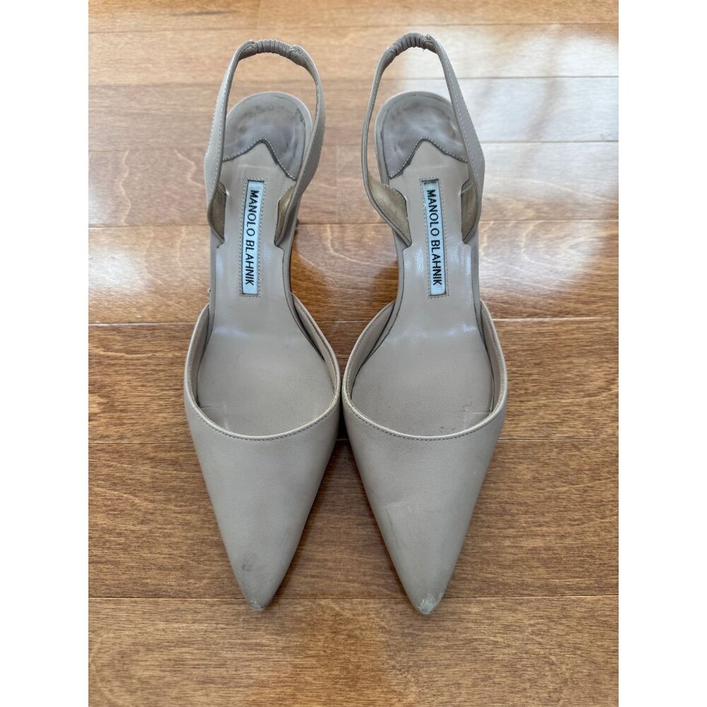 Manolo Blahnik Taupe Leather Slingback Pointed-Toe Heels Size 38